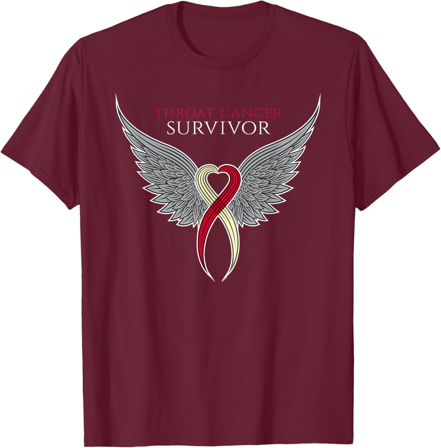 Throat Cancer Awareness by Jomadado for Adults, , Black, Short Sleeve, Size 8 (US), Classic Fit, Crew Collar, Modern Motivational, Cancer Awareness, Ribbon with Wings T-Shirt - T-Shirt | Maroon