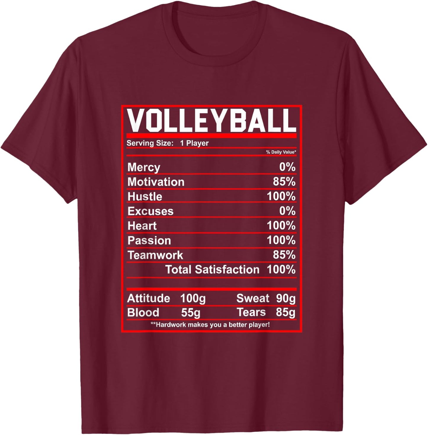 Funny Volleyball Nutrition Facts Women Men T-Shirt - T-Shirt | Maroon