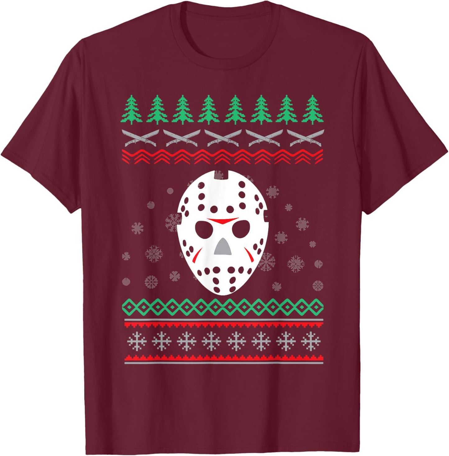 Jason Hockey Mask Ugly Christmas Holiday Festive T-Shirt - T-Shirt | Maroon