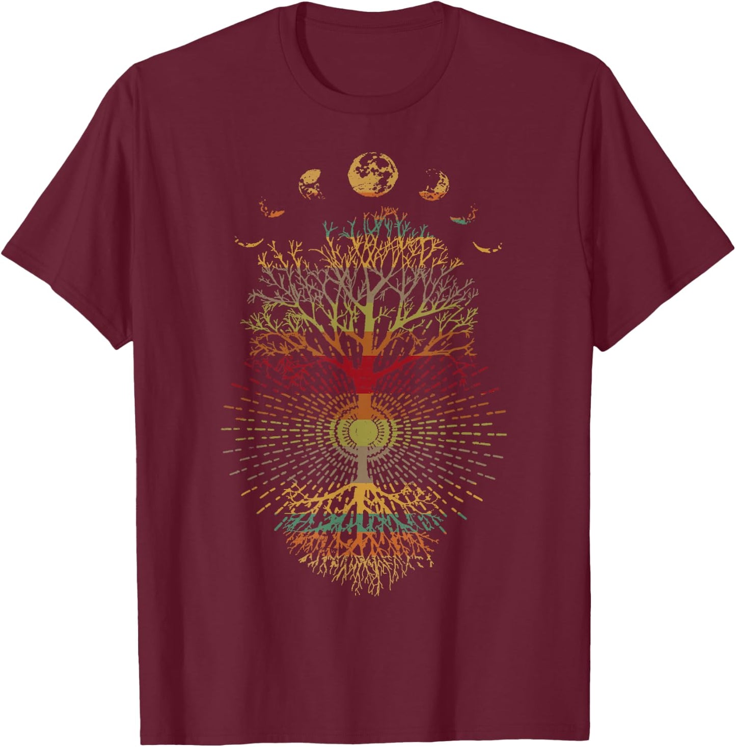 Phases of the Moon Retro 60's 70's Vibe Tree of Life T-Shirt - T-Shirt | Maroon