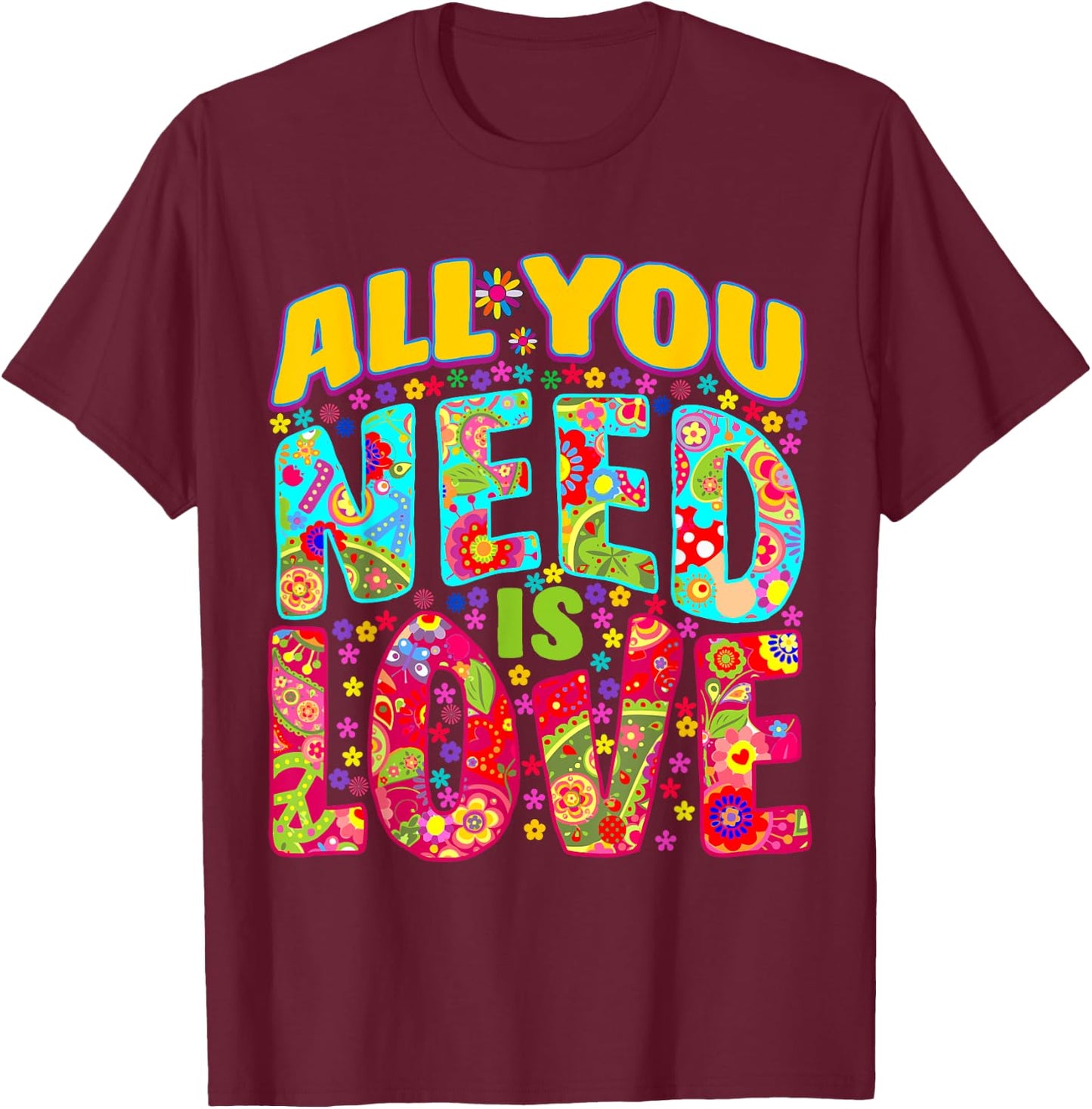 Hippie Flower Power Peace & Love Retro 60s 70s T-Shirt - T-Shirt | Maroon