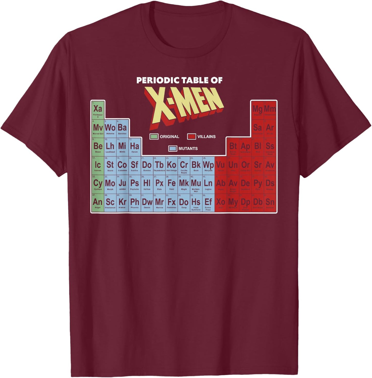 Marvel Periodic Table of X-Men Elements Colorful T-Shirt - T-Shirt | Maroon