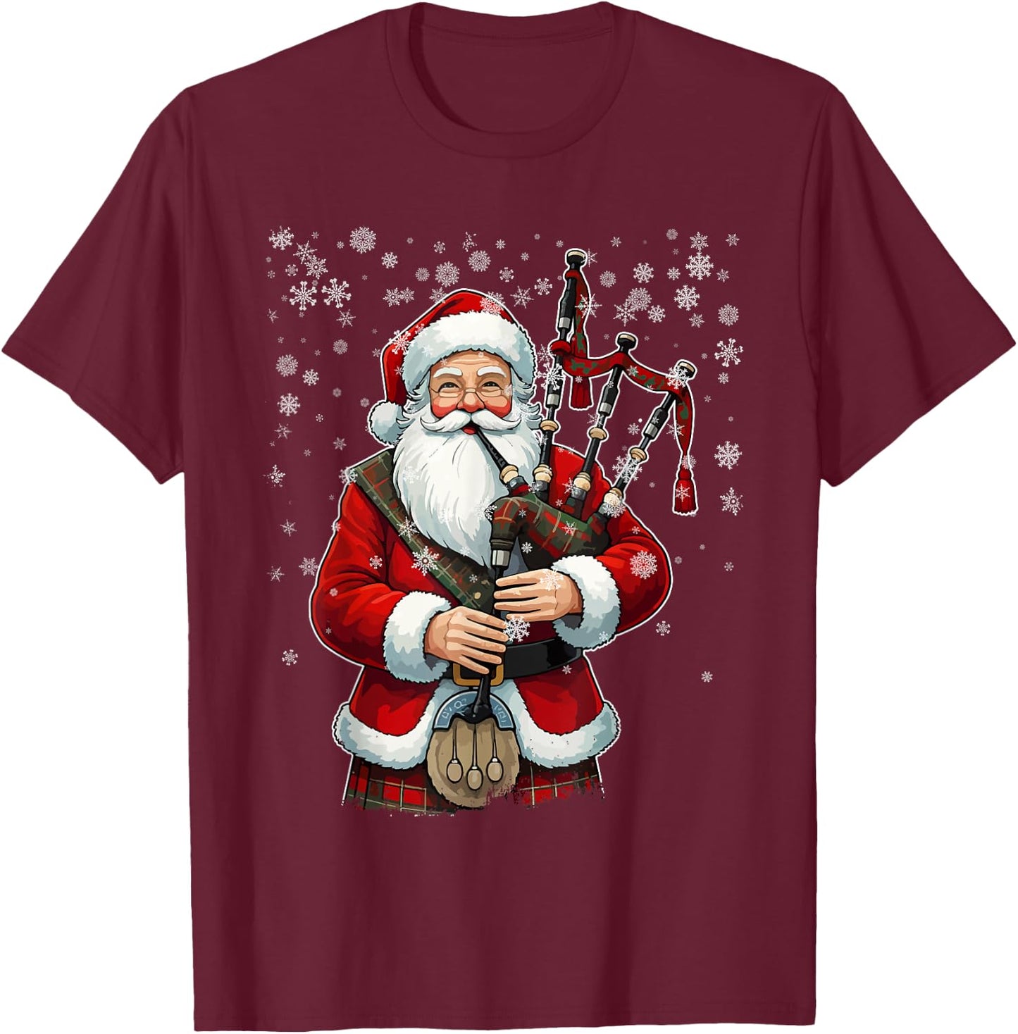 Santa Claus Playing Bagpipes - Funny Bagpiper Player Xmas T-Shirt - T-Shirt | Maroon