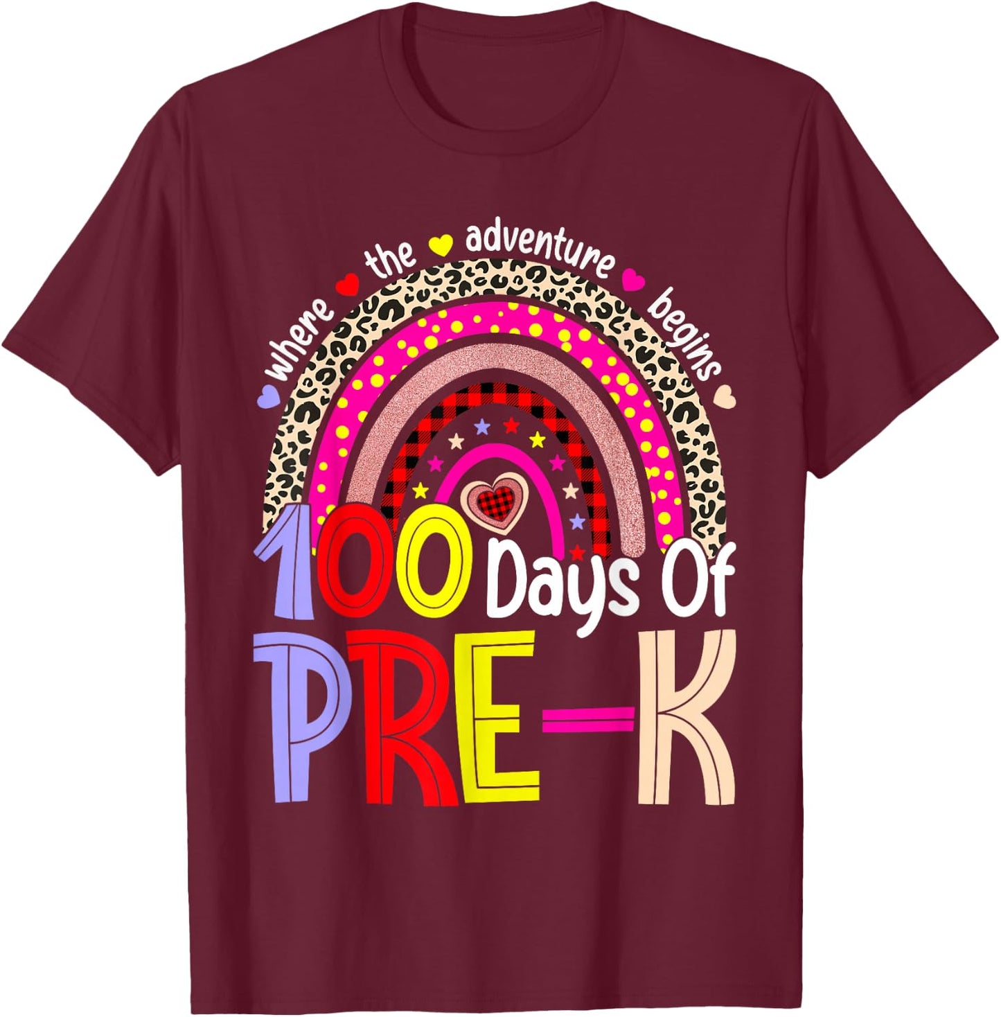 100 Days of Pre-K Happy 100th Day of School Rainbow Leopard T-Shirt - T-Shirt | Maroon