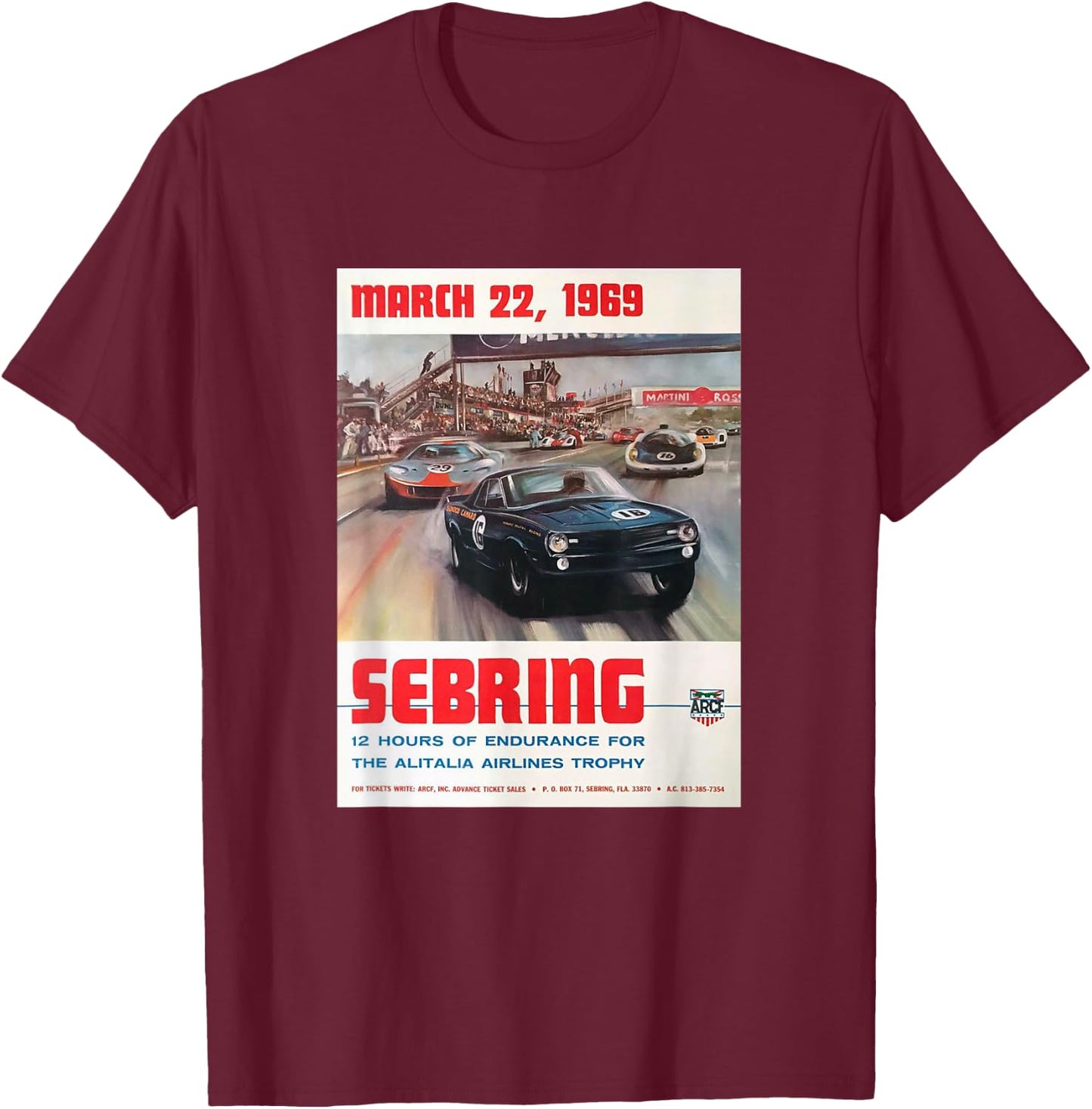 Vintage 1969 Sebring 12 Hours Endurance Race T-Shirt - T-Shirt | Maroon