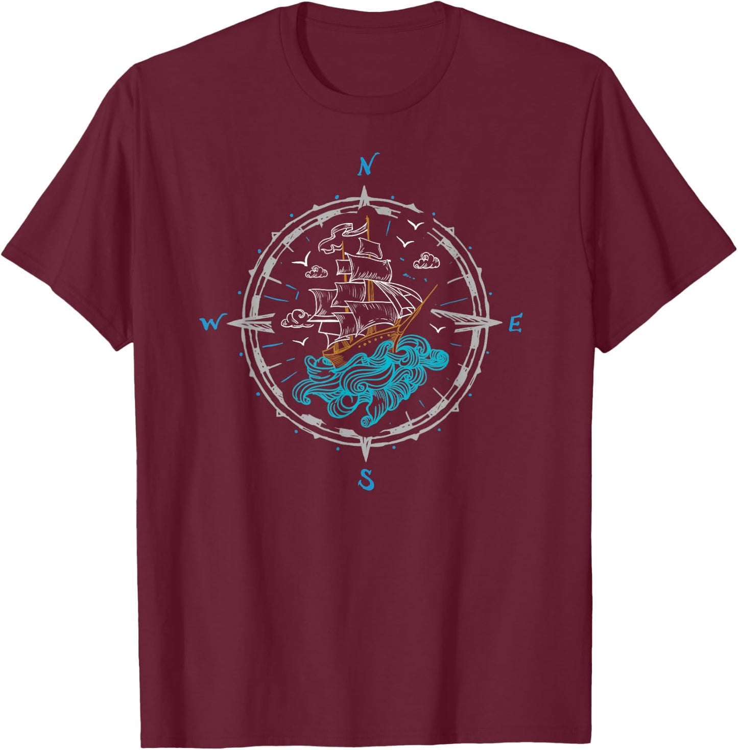 Sailing Boat Ship Compass Rose Nautical T-Shirt - T-Shirt | Maroon