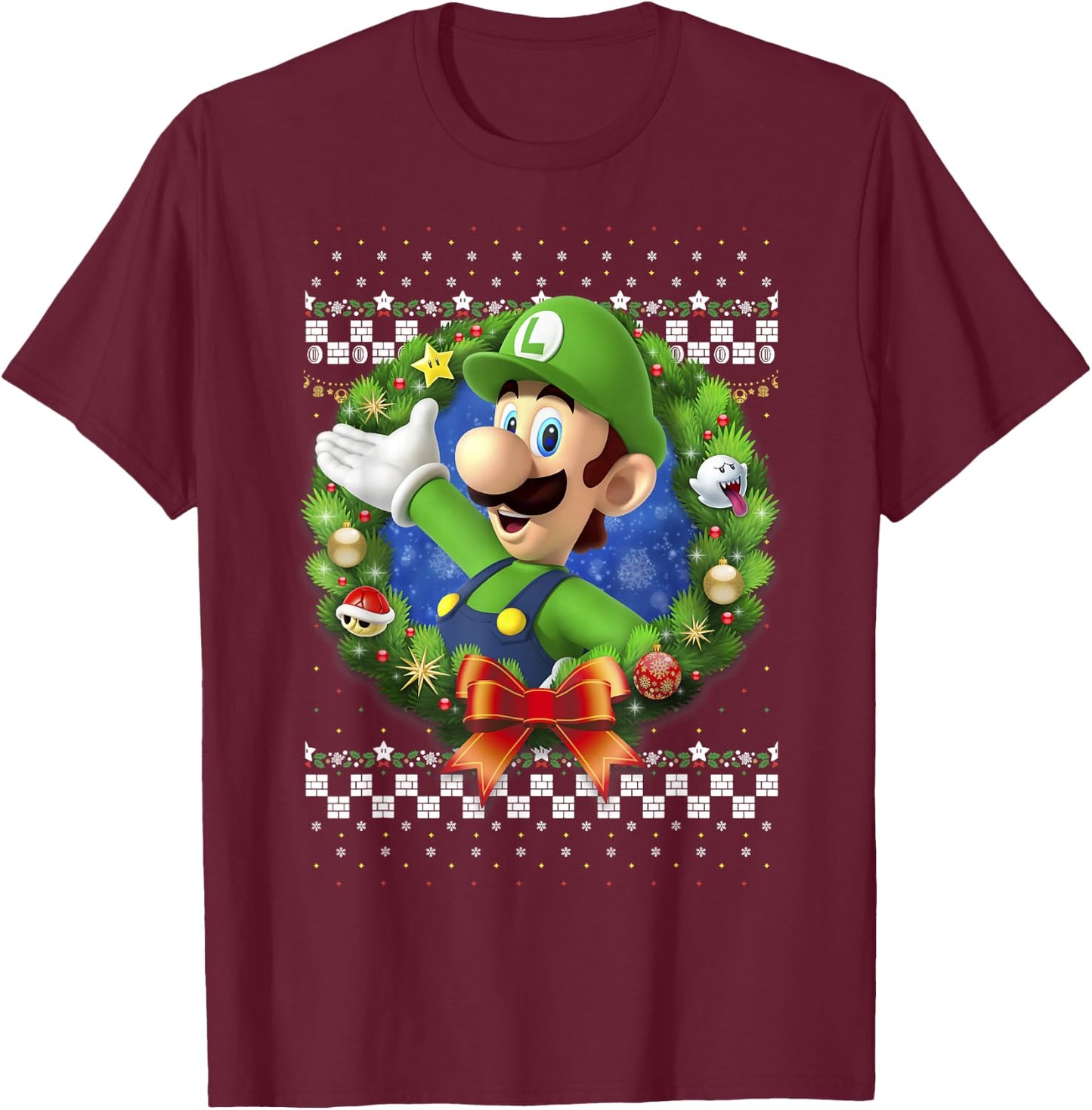 Super Mario 3D Luigi Christmas Wreath Graphic T-Shirt - T-Shirt | Maroon