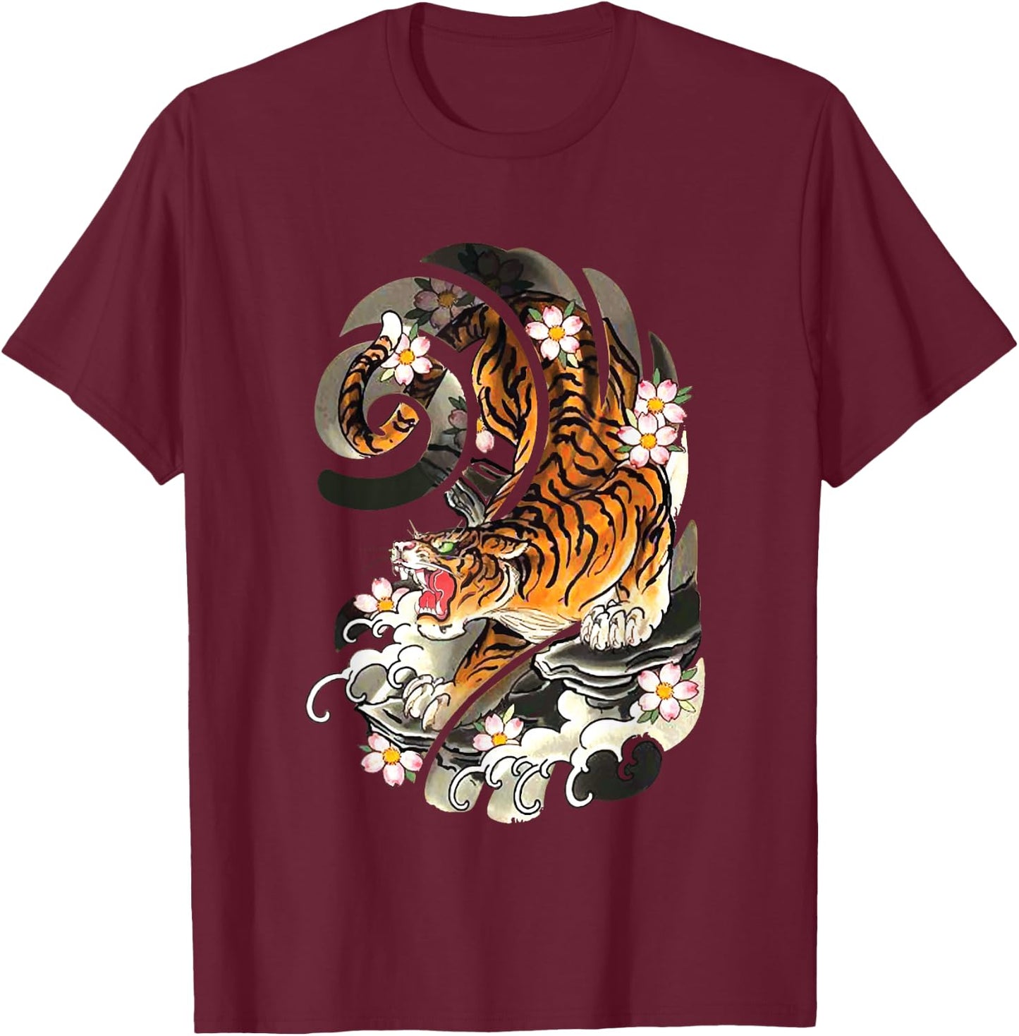 Vintage Japanese Tiger Traditional Asian Cherry Blossom Art Small T-Shirt - T-Shirt | Maroon