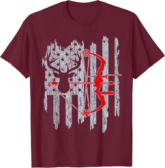 Bow Hunting American Flag Patriotic Deer Hunter T-Shirt - T-Shirt | Maroon