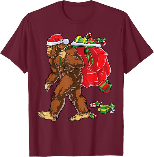 Bigfoot Santa Carrying Christmas Bag Xmas Hat Sasquatch Men T-Shirt - T-Shirt | Maroon