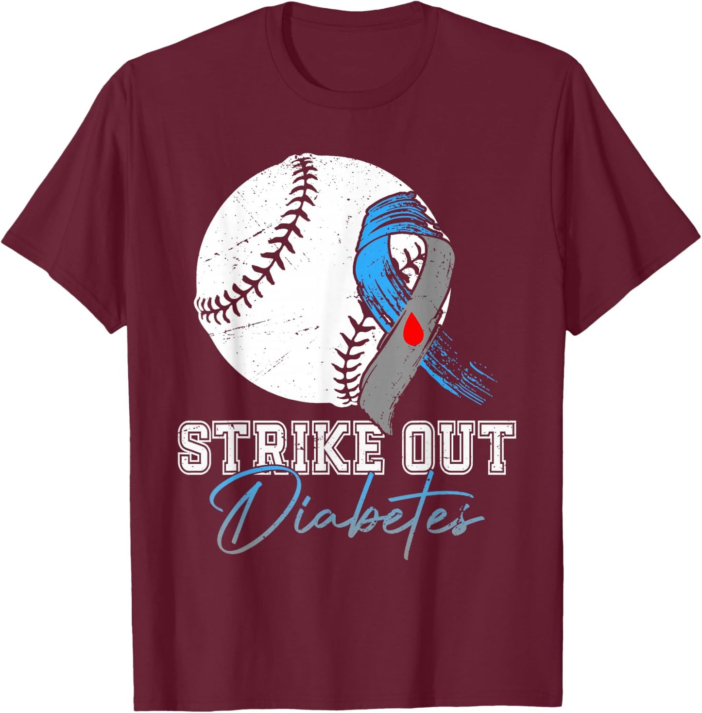 Strike Out Type 1 Diabetes Awareness T1D Warrior Baseball T-Shirt - T-Shirt | Maroon
