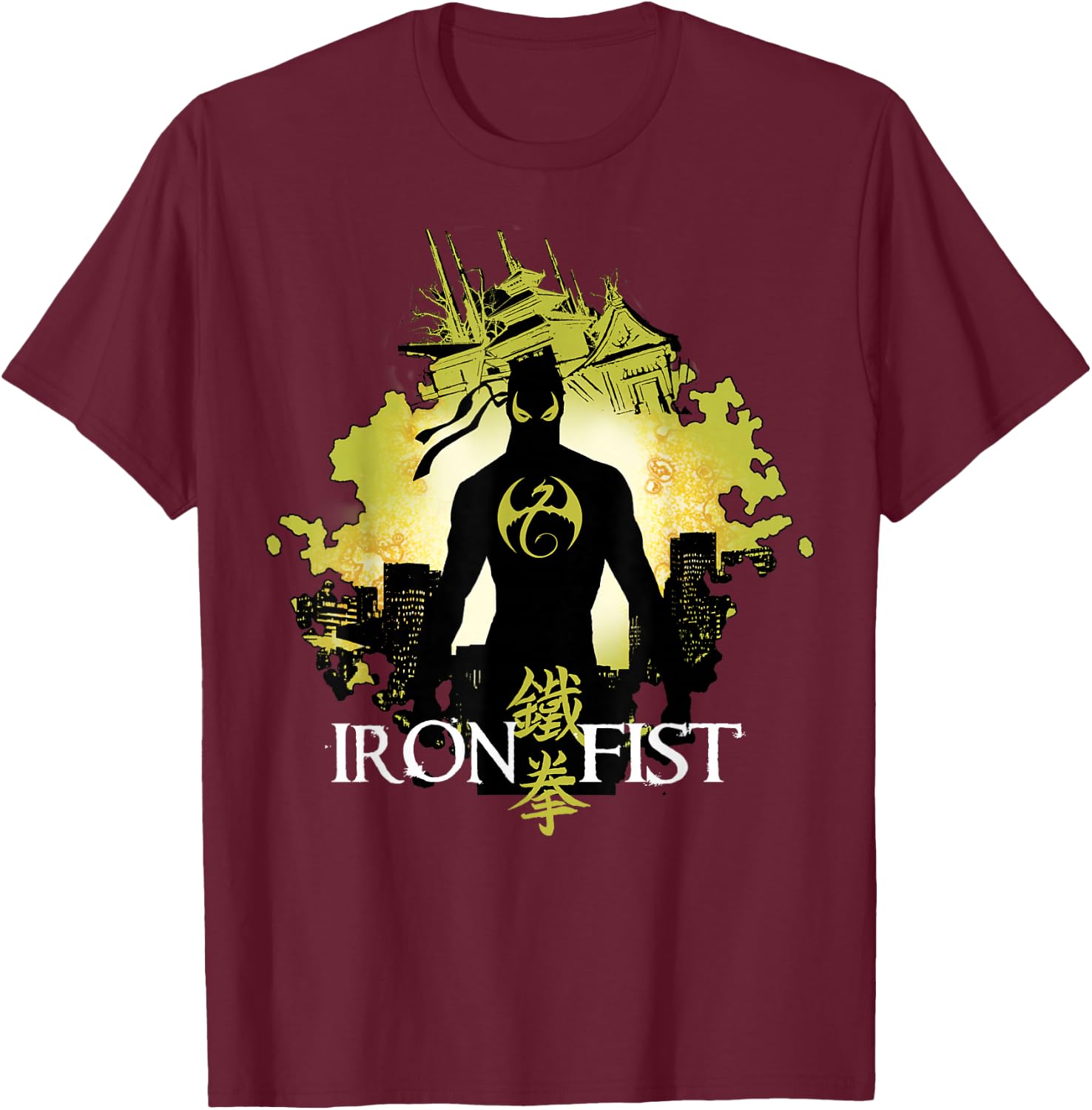 Marvel Iron Fist Blackout Silhouette Cityscape Glow T-Shirt - T-Shirt | Maroon