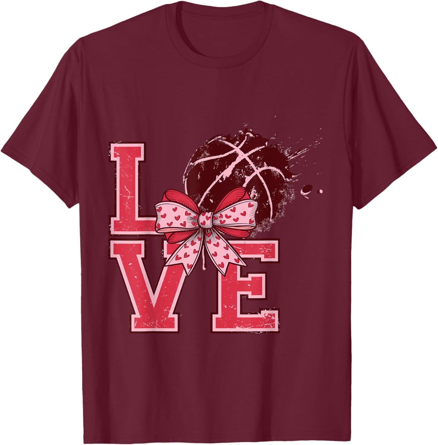 Valentine's Day Love Basketball Cute Bows Pink Gifts Ideas T-Shirt - T-Shirt | Maroon