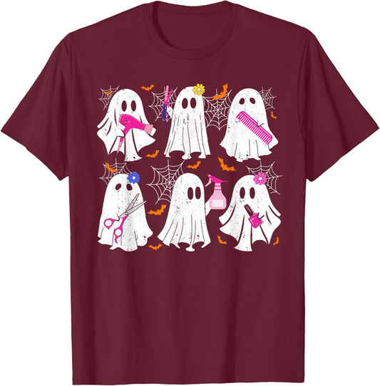 Ghost Hairdressers Halloween Funny Costume Spooky Stylists T-Shirt - T-Shirt | Maroon