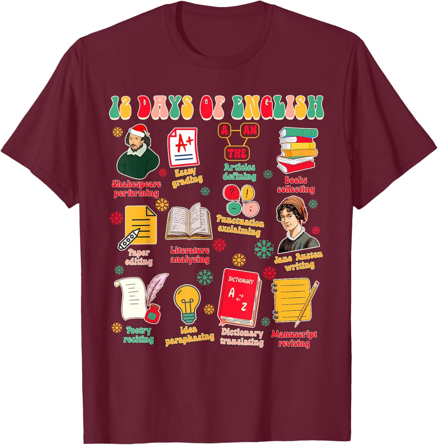 Christmas Xmas English Teacher Teaching 12 Days Of English T-Shirt - T-Shirt | Maroon