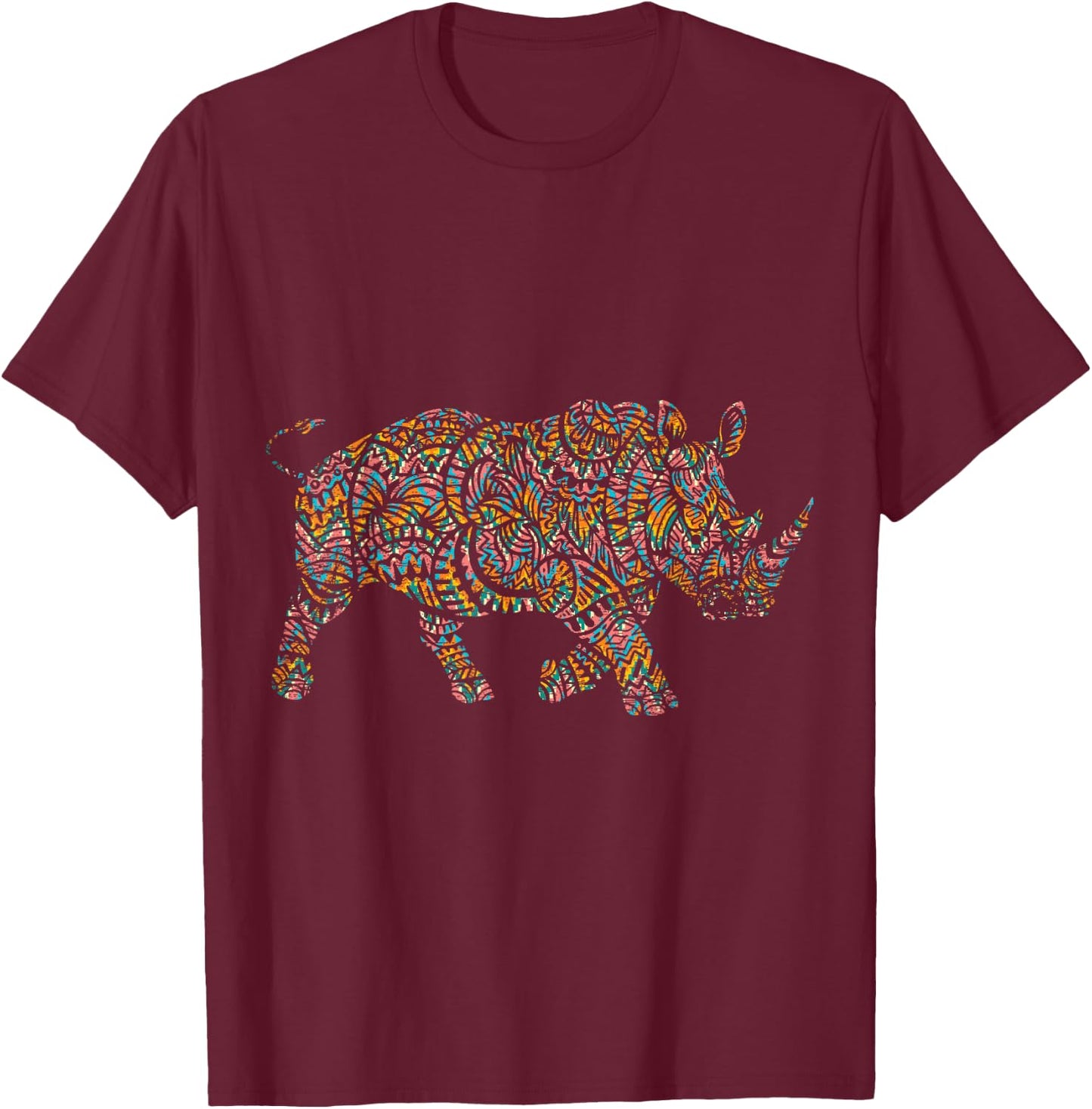 Rhino Shirts Colorful Rhino - Women, Girls - Black - Small - Short Sleeve - Classic Fit - Animal Print - Casual T-Shirt - T-Shirt | Maroon