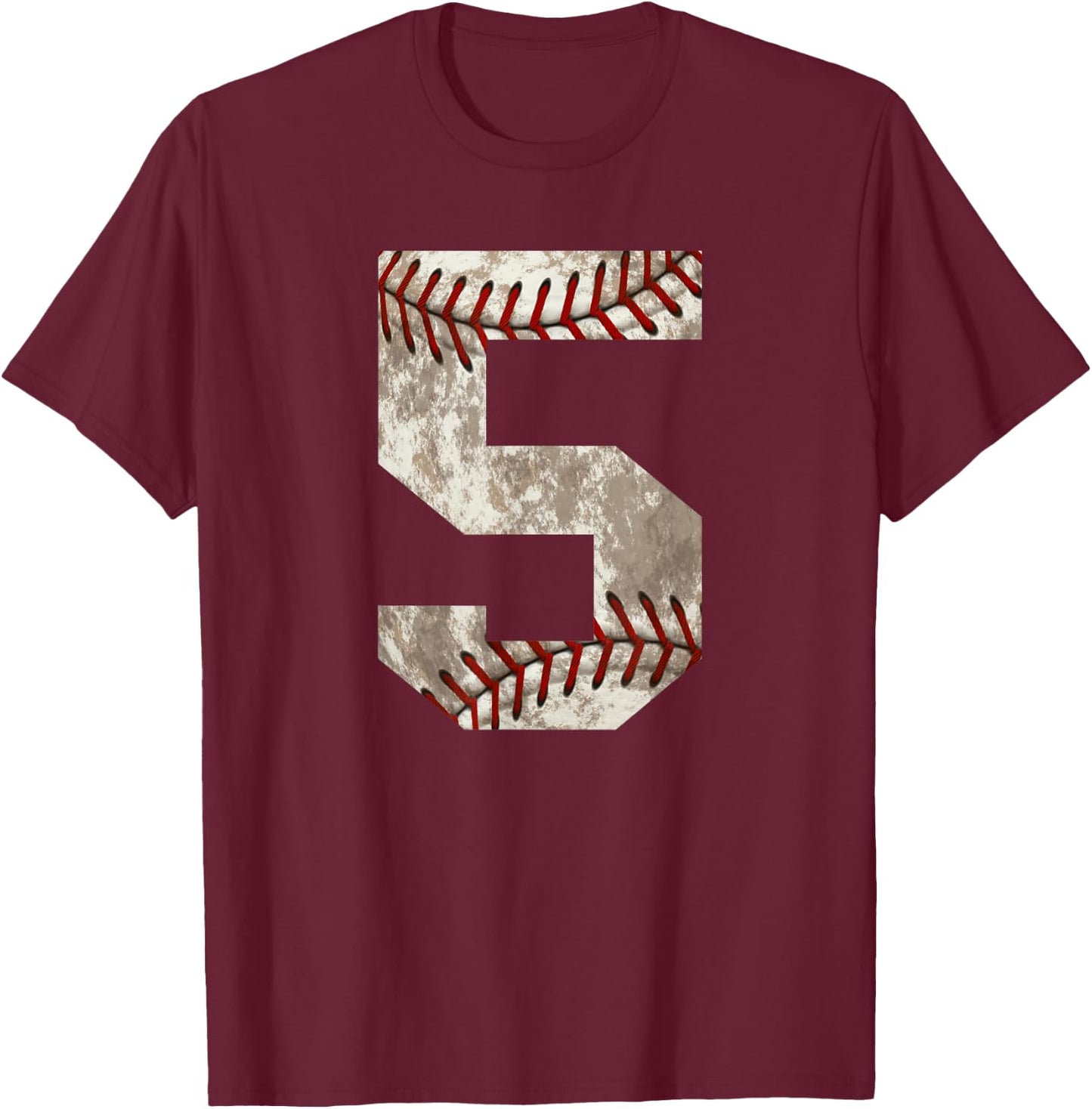 Baseball Jersey Number 5 Distressed Ball Sports T-Shirt - T-Shirt | Maroon