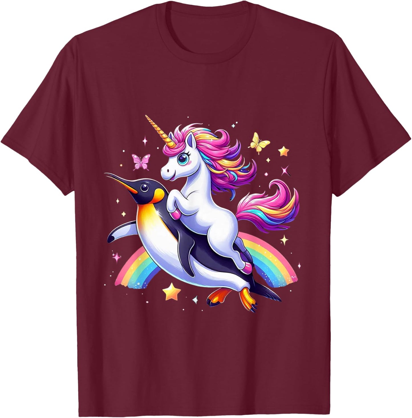 Unicorn Riding Penguin Boys Girls Men Women Kids Rainbow T-Shirt - T-Shirt | Maroon