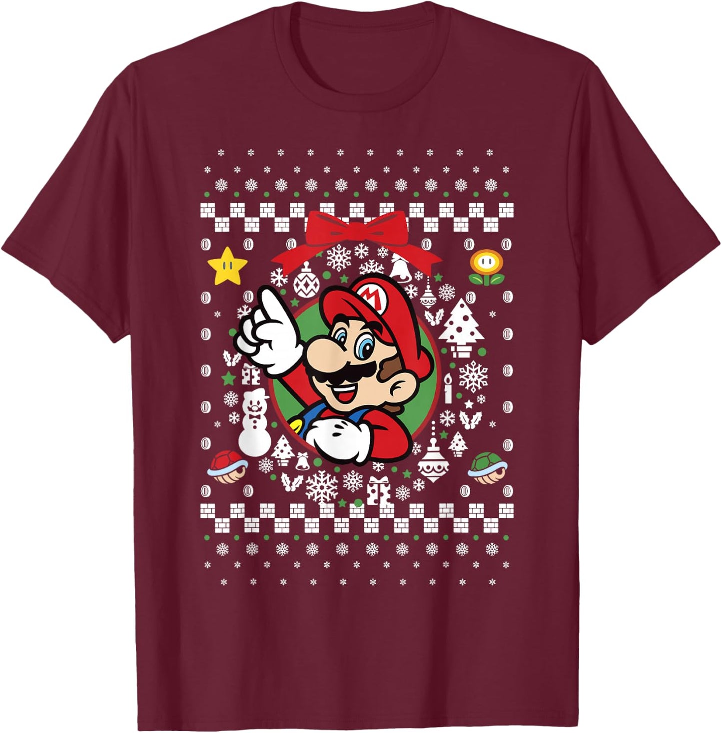 Super Mario Classic Ugly Christmas Mario Graphic T-Shirt - T-Shirt | Maroon