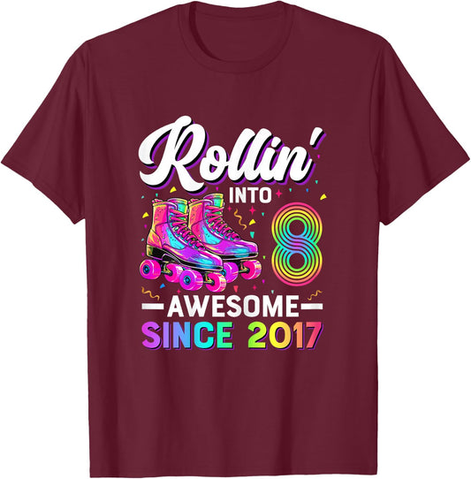 8th Birthday Shirt Girl 8 Year Old Roller Skate Skating T-Shirt - T-Shirt | Maroon