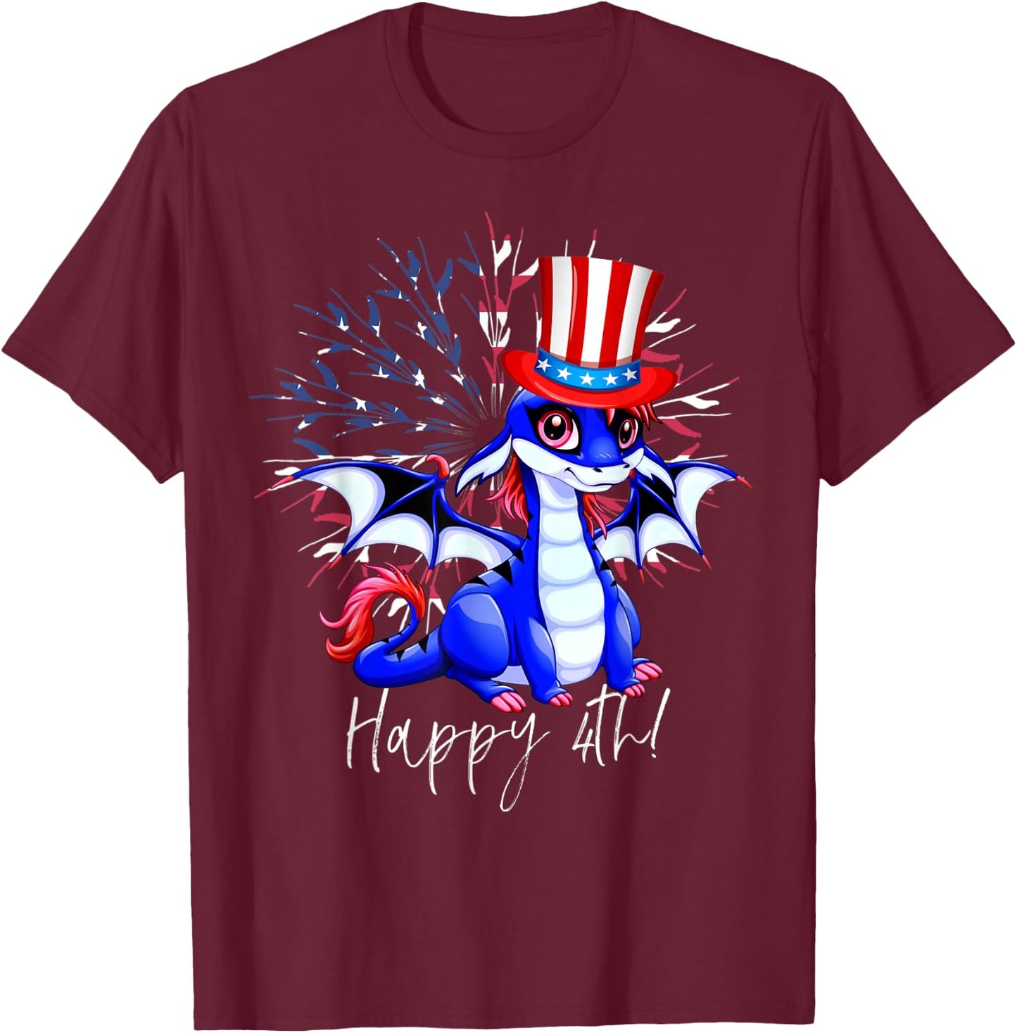 Cute Anime Dragon July 4th Independence Day Fireworks Women Kids Men T-Shirt - T-Shirt | Maroon