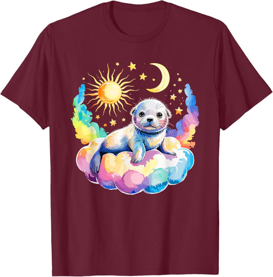 Rainbow Clouds Baby Seal Seals T-Shirt - T-Shirt | Maroon