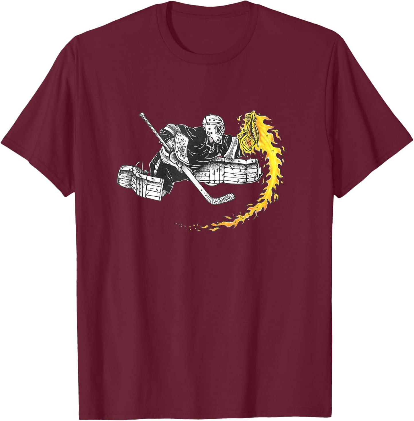 Hockey Goalie Glove on Fire SAVE! Men Women Youth T-Shirt - T-Shirt | Maroon