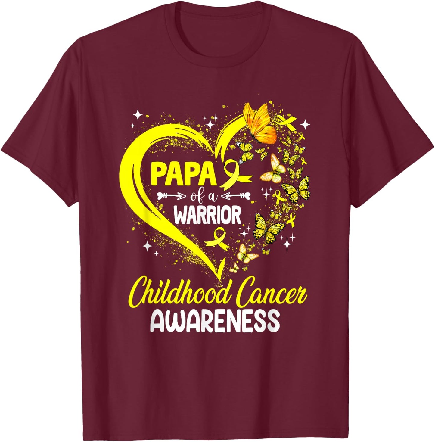 Papa Of A Warrior Gold Heart Childhood Cancer Awareness T-Shirt - T-Shirt | Maroon