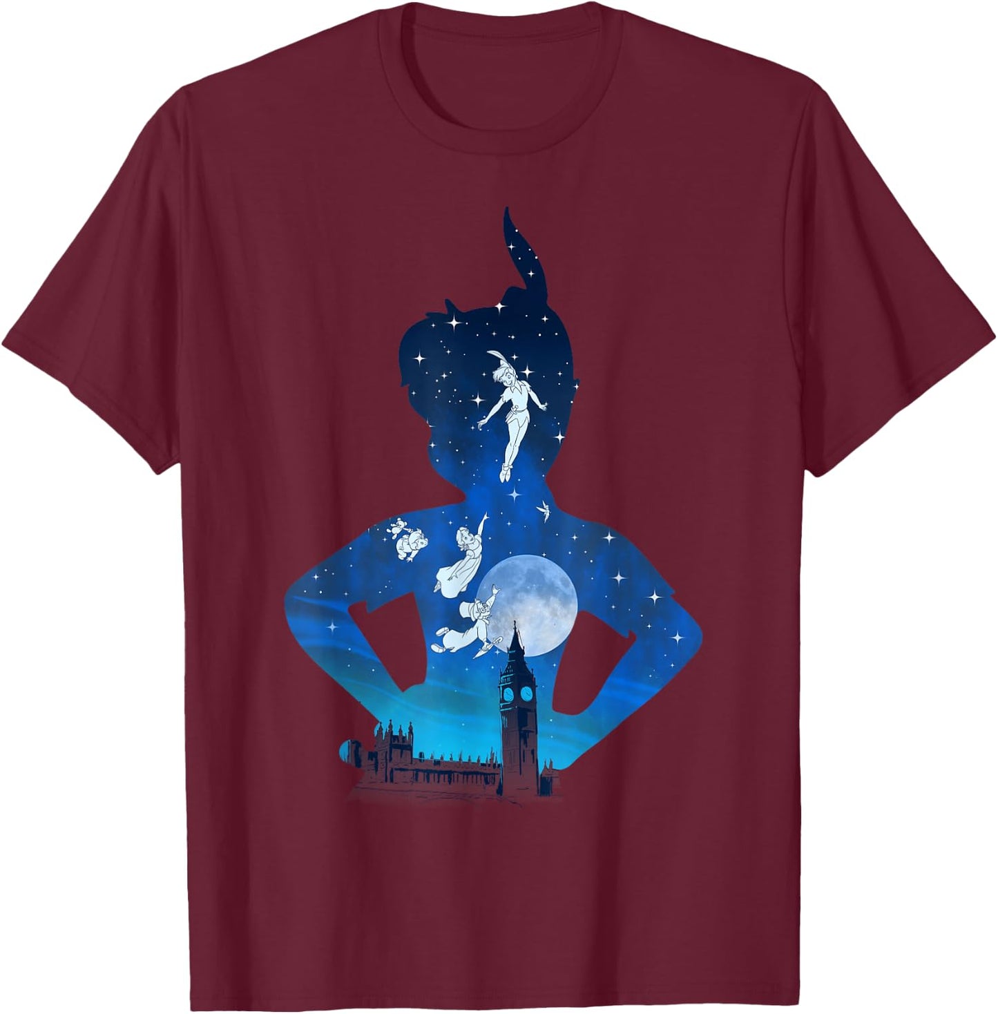 Disney Peter Pan Midnight London Flight Silhouette Fill T-Shirt - T-Shirt | Maroon