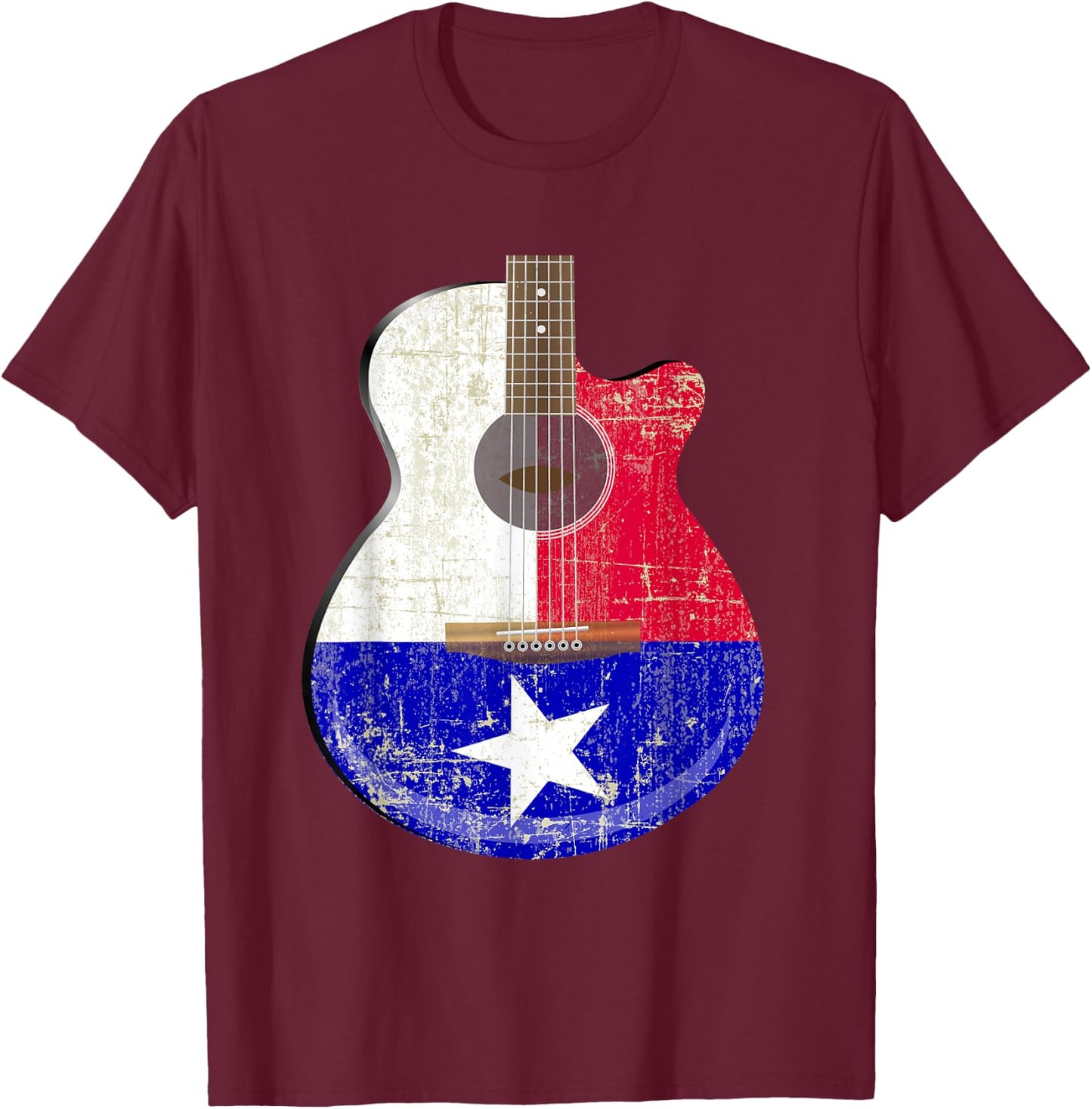 Guitar Texas Flag Distressed Acoustic Guitar Fan T Shirt T-Shirt - T-Shirt | Maroon