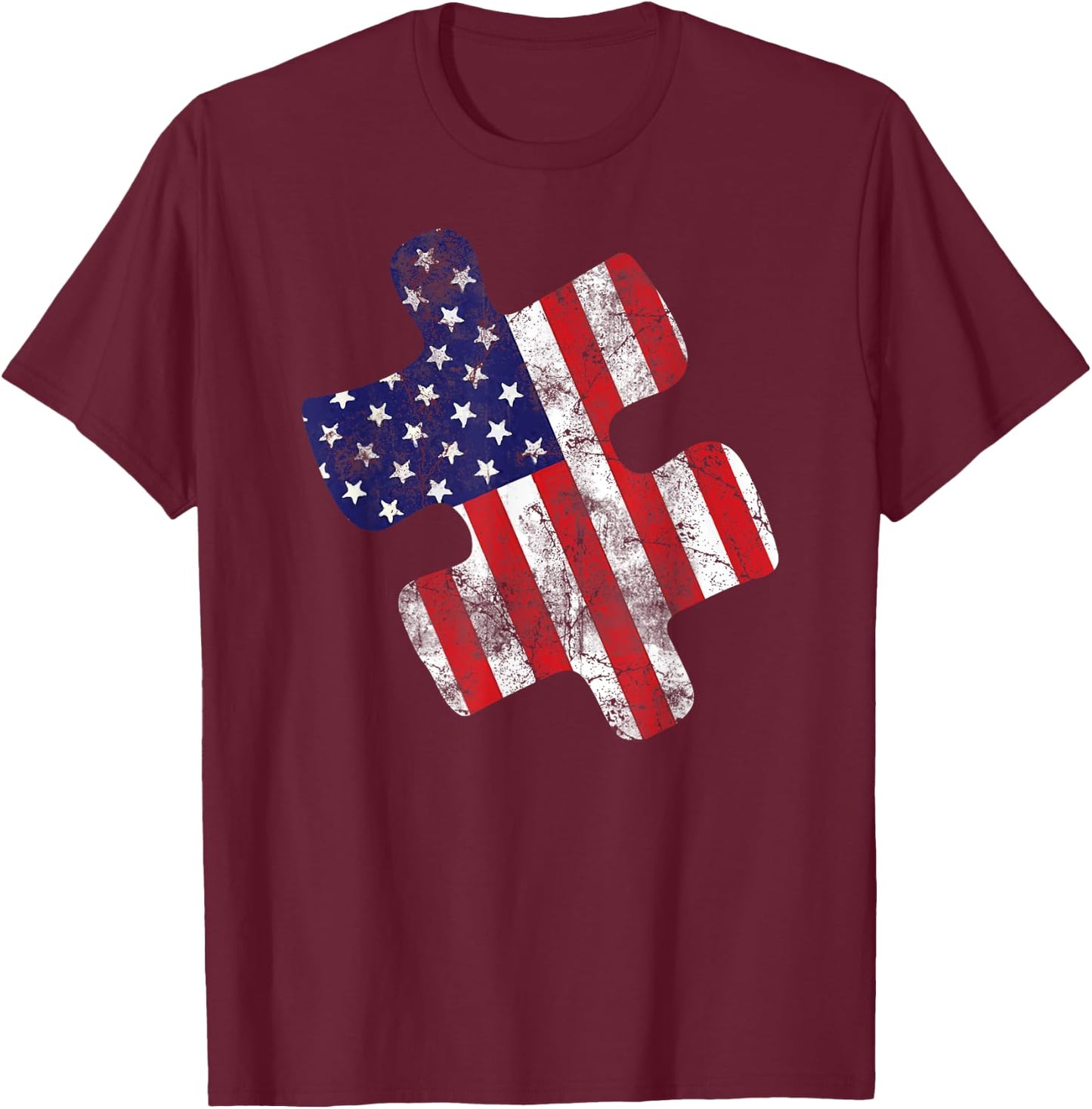 Autism Awareness American Flag Vintage Puzzle Piece Gift T-Shirt - T-Shirt | Maroon