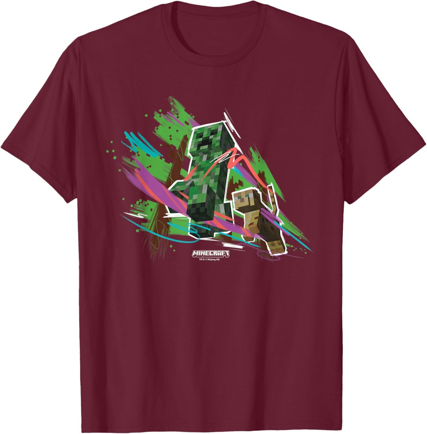Minecraft Creeper Running from Cat Paint Brush Strokes Art T-Shirt - T-Shirt | Maroon