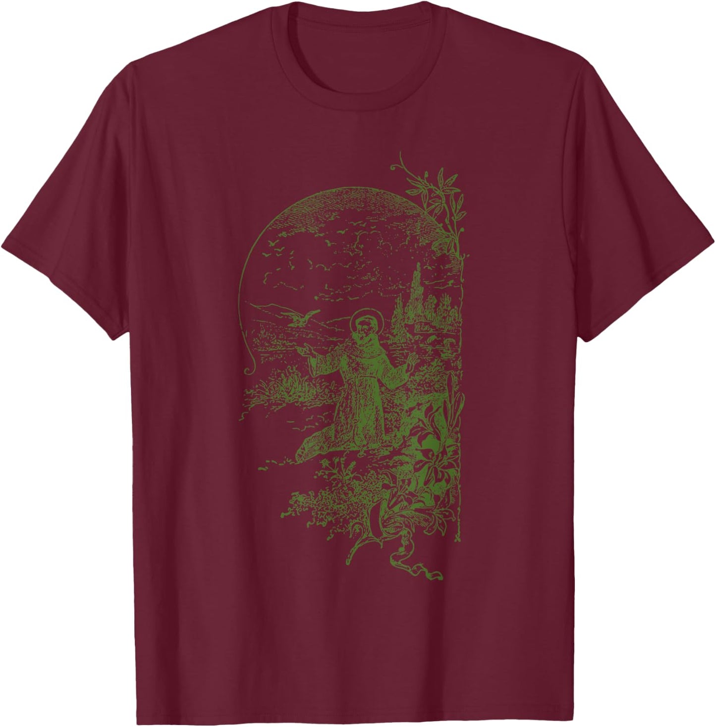 St Francis of Assisi Vintage Saints Catholic Ecology Animals T-Shirt - T-Shirt | Maroon