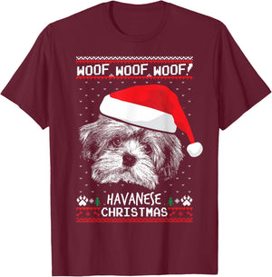 Woof Havanese Christmas Funny Xmas T-Shirt - T-Shirt | Maroon