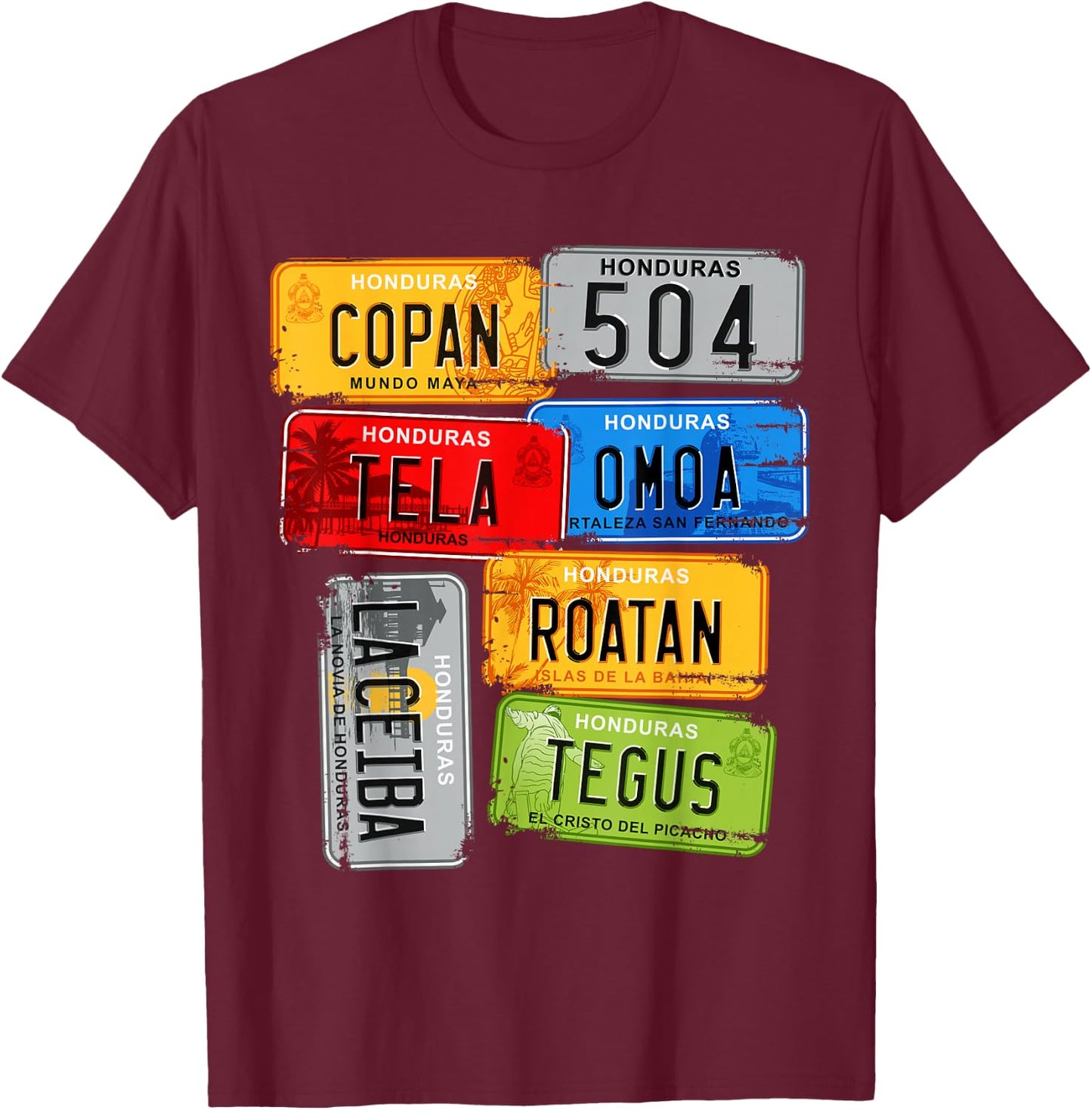Honduras, turistic car Plates, Copan, Tela, Omoa Small T-Shirt - T-Shirt | Maroon