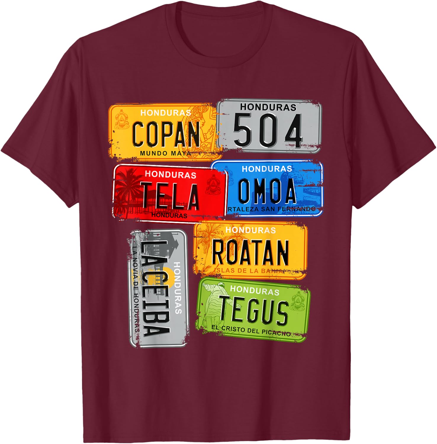 Honduras, turistic car Plates, Copan, Tela, Omoa Small T-Shirt - T-Shirt | Maroon