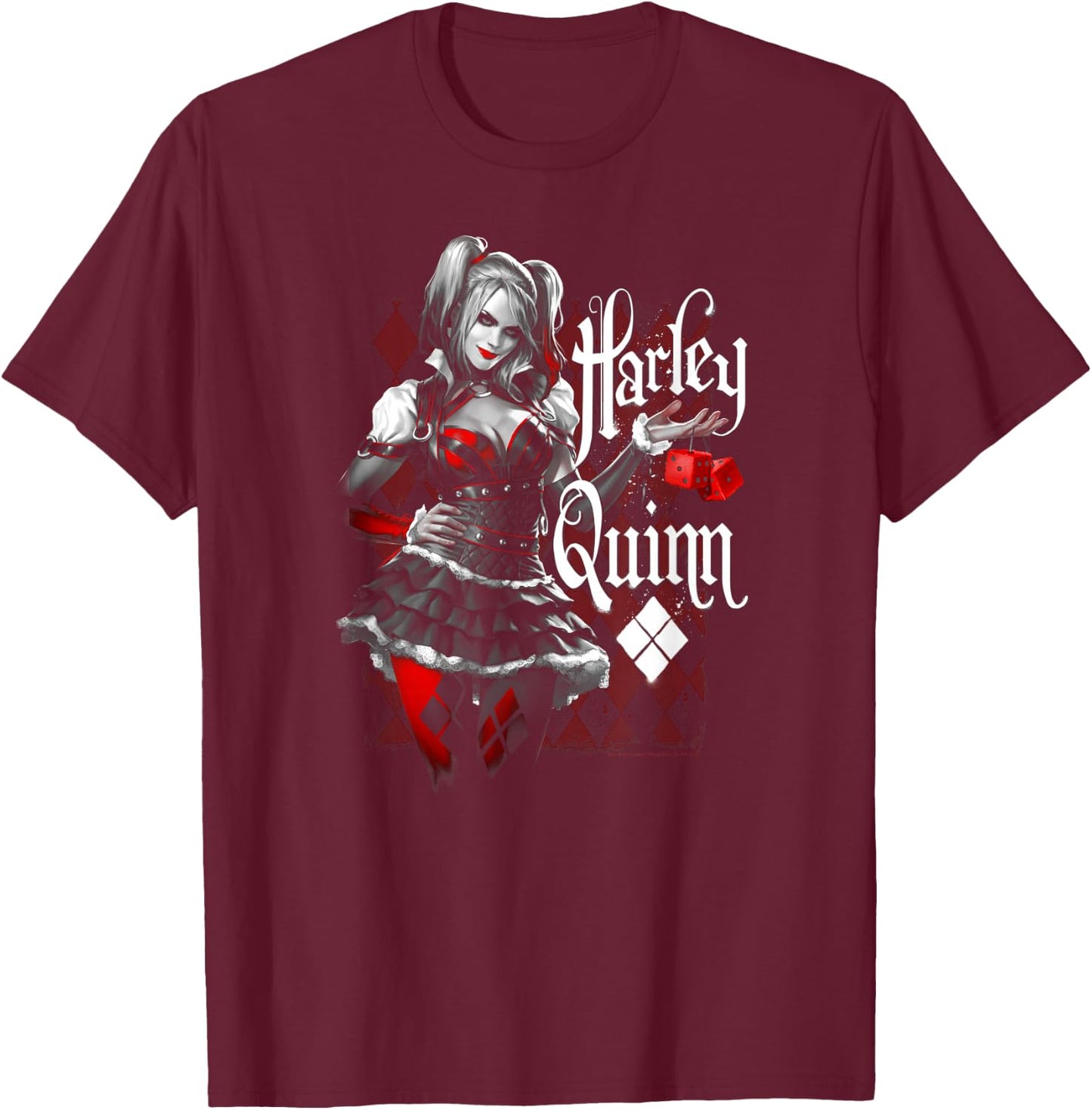 Batman: Arkham Knight Harley Quinn Dice T-Shirt - T-Shirt | Maroon