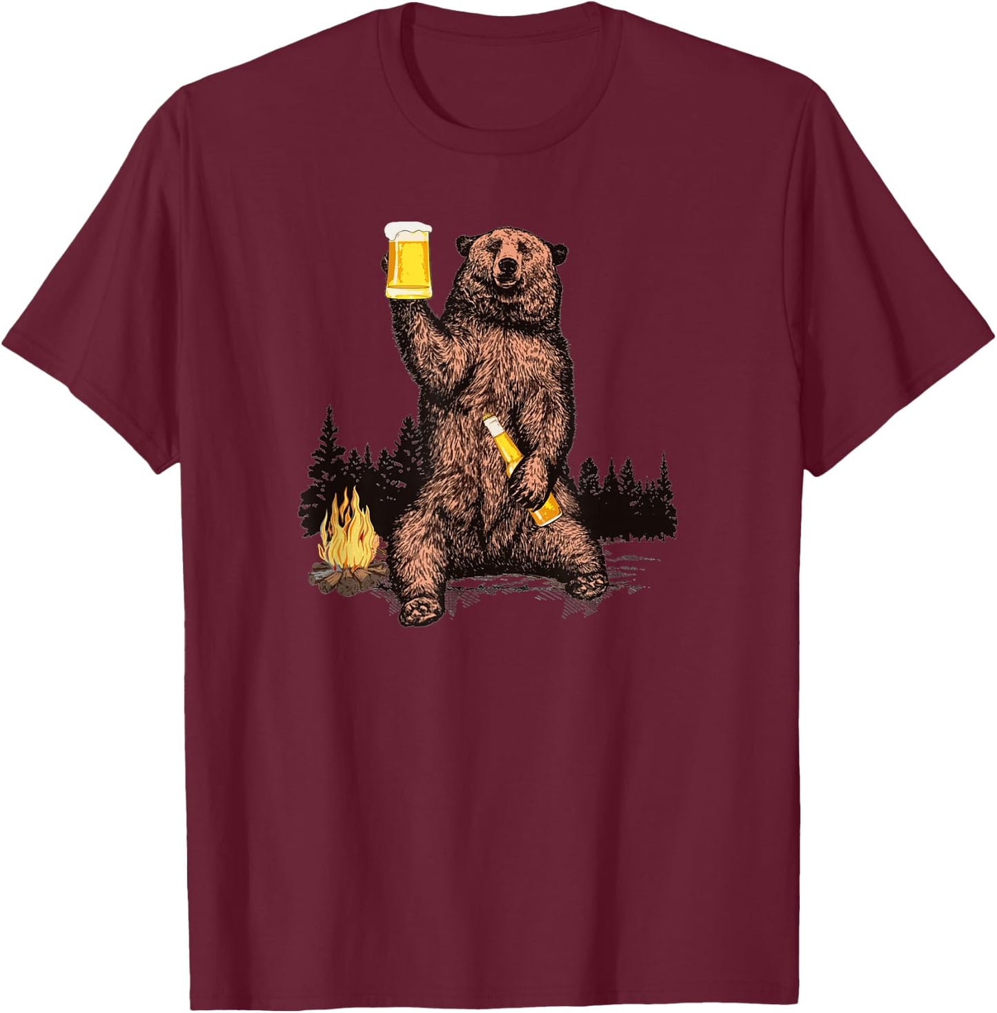 Bear Drinking Beer Camp Fire Woods Outdoor Funny Grizzly T-Shirt - T-Shirt | Maroon
