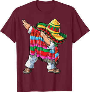 Dabbing Mexican Poncho Cinco de Mayo Boys Men Short Sleeve Sombrero Dab T-Shirt - T-Shirt | Maroon