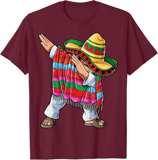 Dabbing Mexican Poncho Cinco de Mayo Boys Men Short Sleeve Sombrero Dab T-Shirt - T-Shirt | Maroon