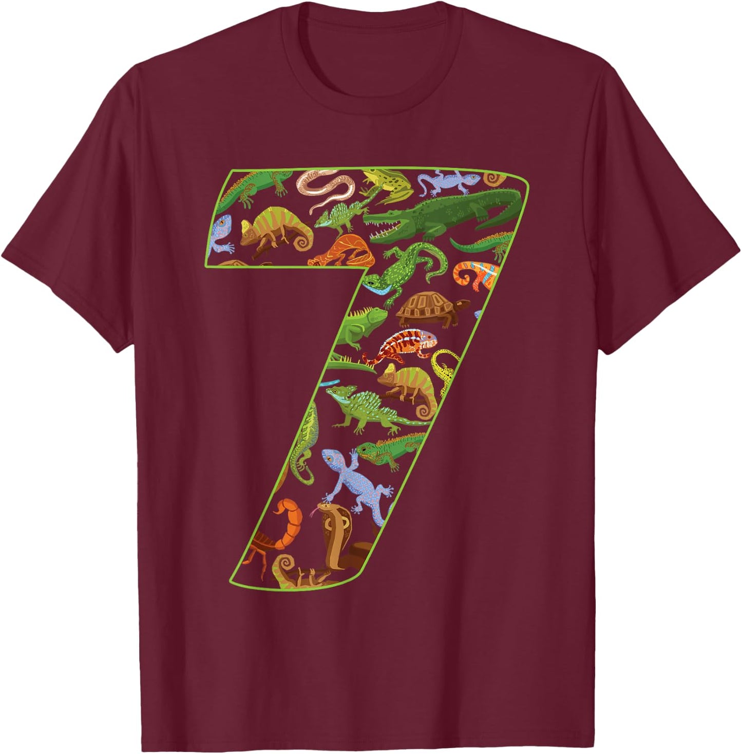 Cool 7 Reptile Theme 7th Birthday Party 7 Years Old T-Shirt - T-Shirt | Maroon