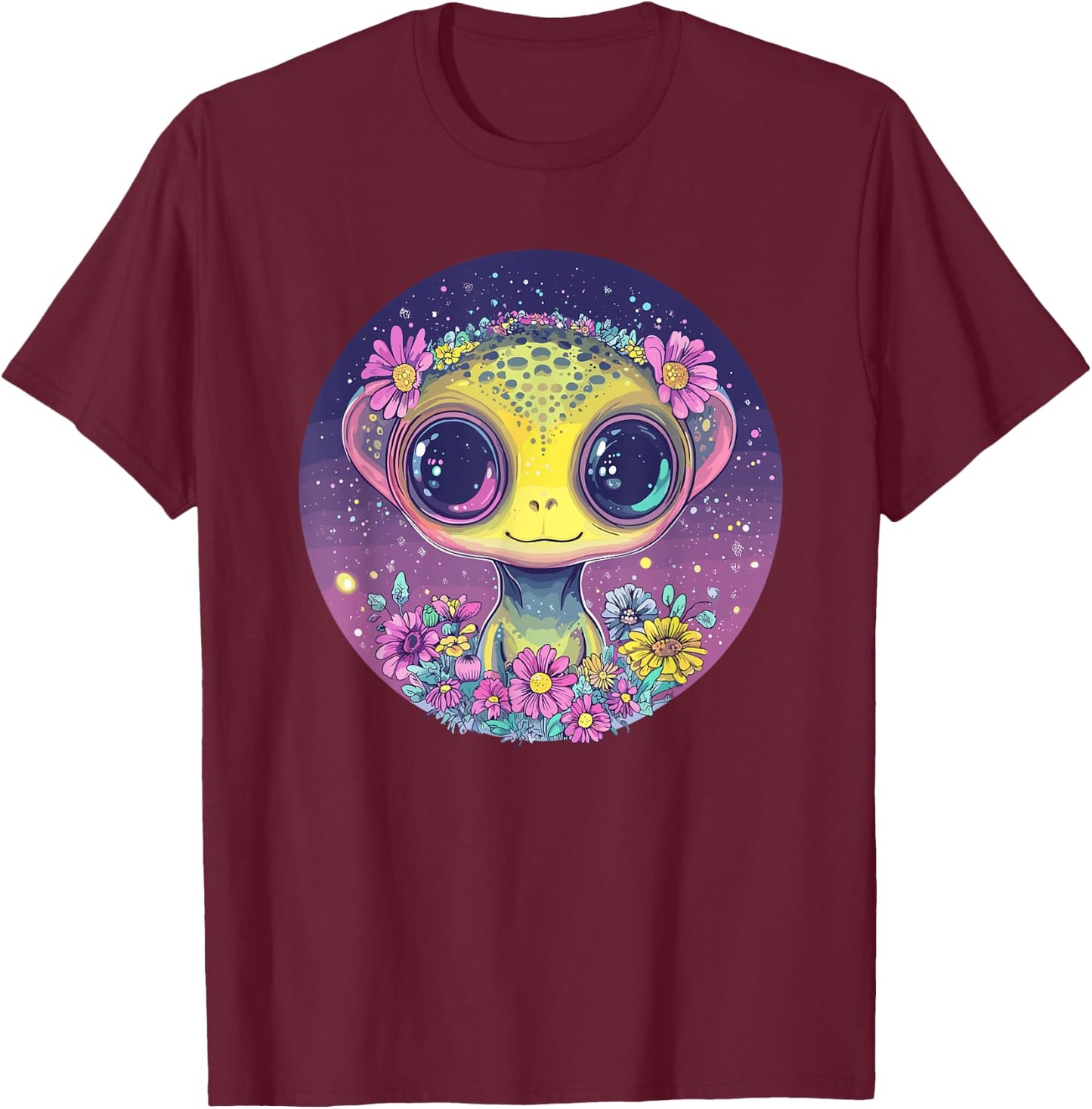 Cute Alien Surrounded By Flowers T-Shirt - T-Shirt | Maroon