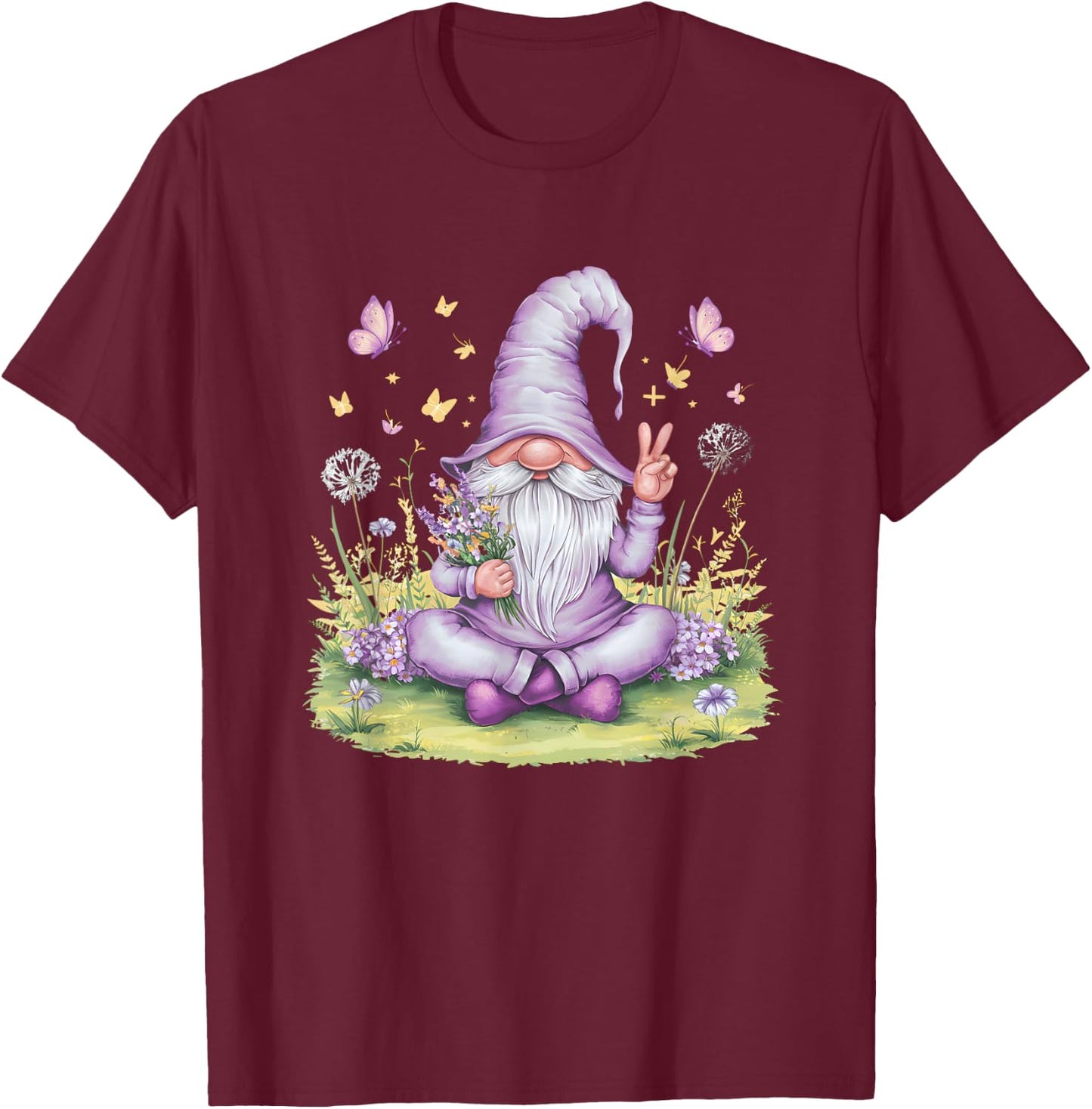 Peaceful Garden Gnome with Flowers And Butterflies T-Shirt - T-Shirt | Maroon