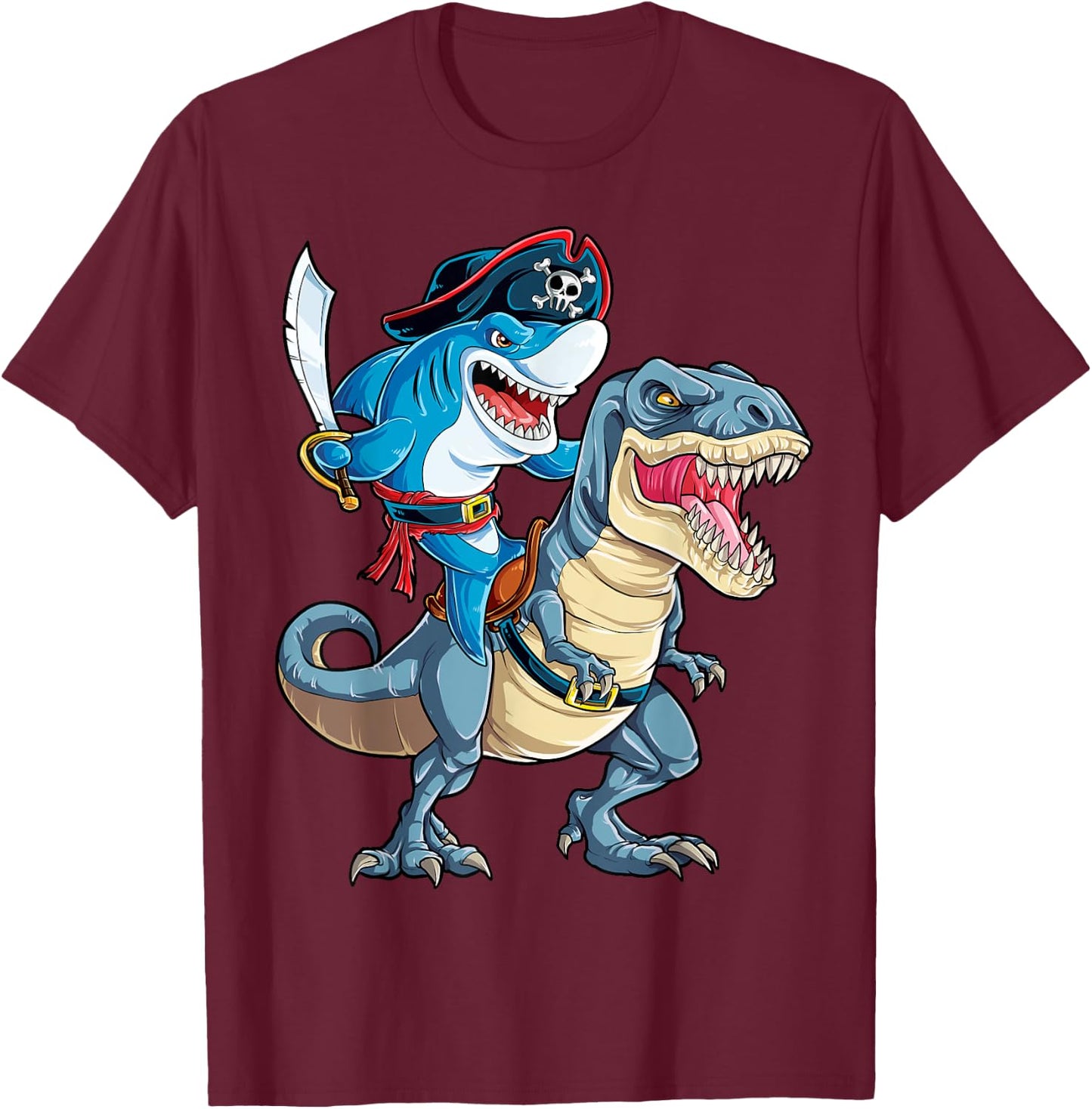 Shark Pirate Dinosaur T rex T Shirt Jawsome Boys Kids Men T-Shirt - T-Shirt | Maroon