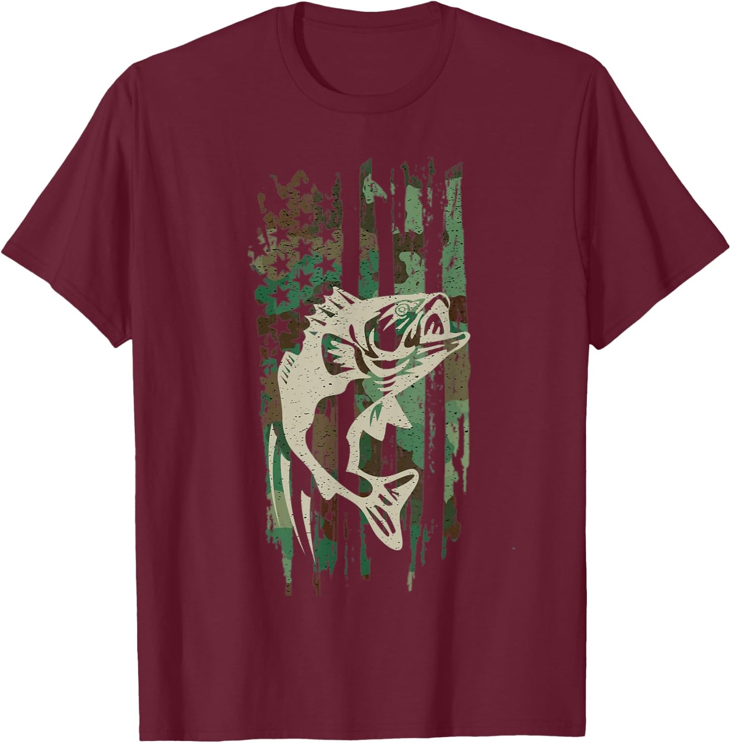 Camouflage American US Flag Bass Fishing Fisherman Men Boys T-Shirt - T-Shirt | Maroon