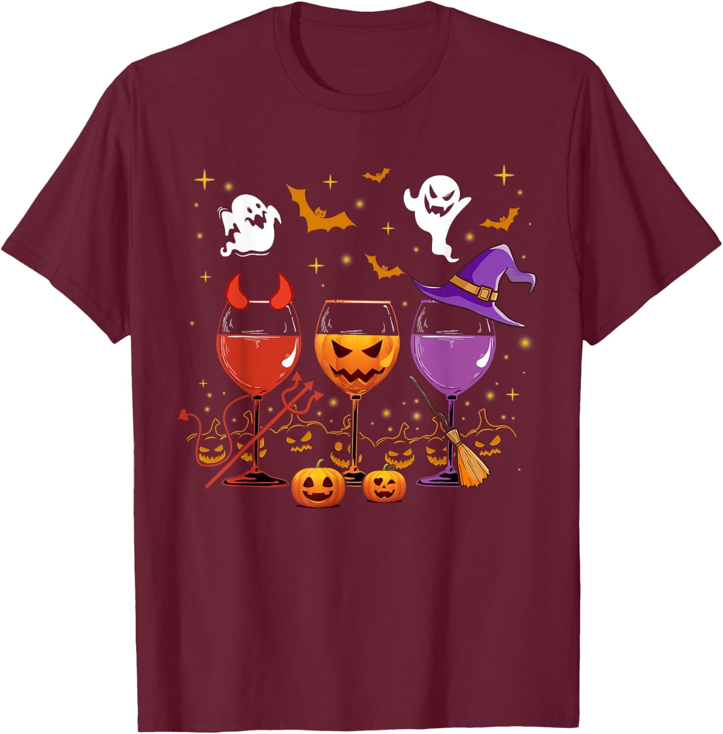 Halloween Wine Glass Shirt Witchcraft Dracula Pumpkin T-Shirt - T-Shirt | Maroon