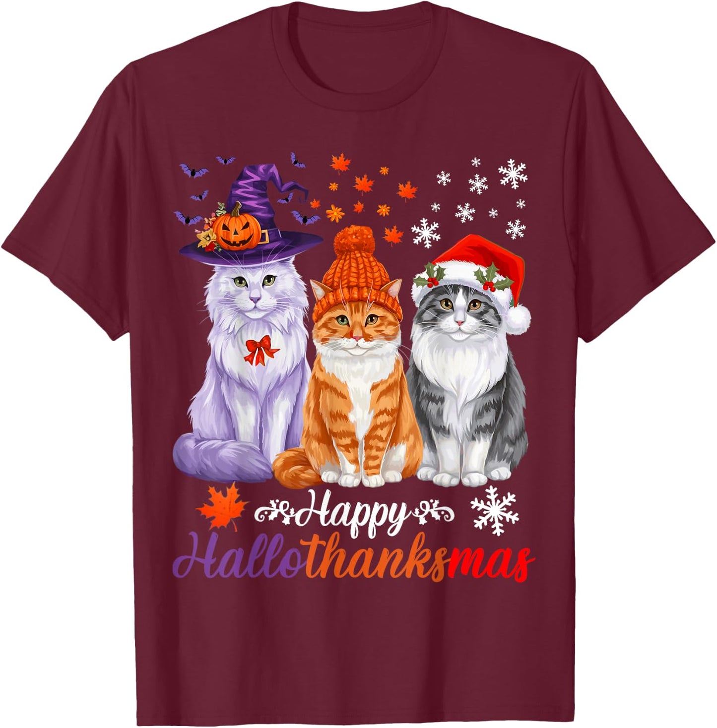 Happy HalloThanksMas Cats Halloween Thanksgiving Christmas T-Shirt - T-Shirt | Maroon