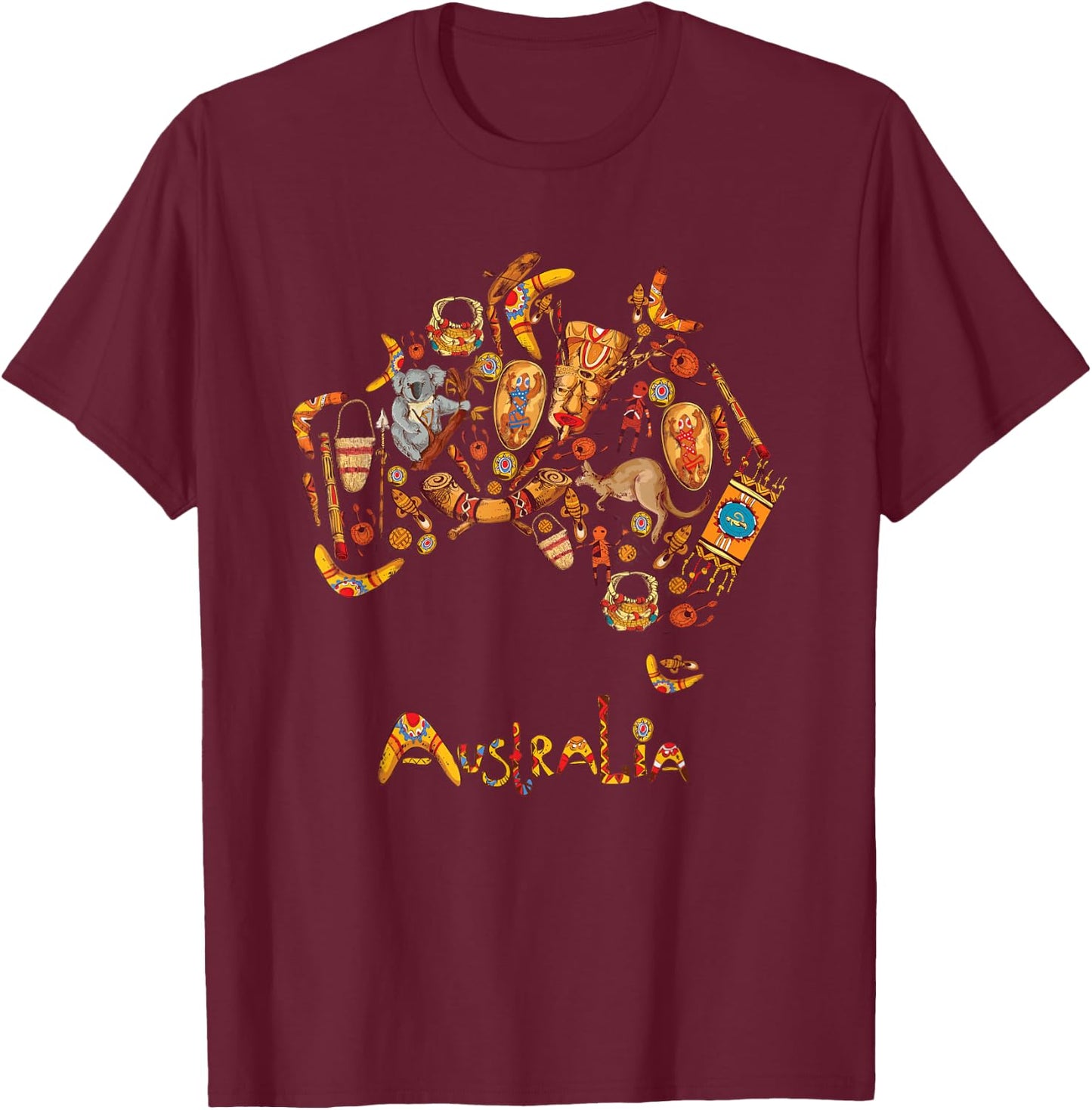 Australia Map Koalas Kangaroos Boomerangs Sydney Opera T-Shirt - T-Shirt | Maroon