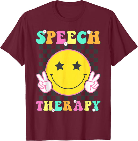 Speech Therapy Retro Smile Face SLP Teacher Speech Therapist T-Shirt - T-Shirt | Maroon