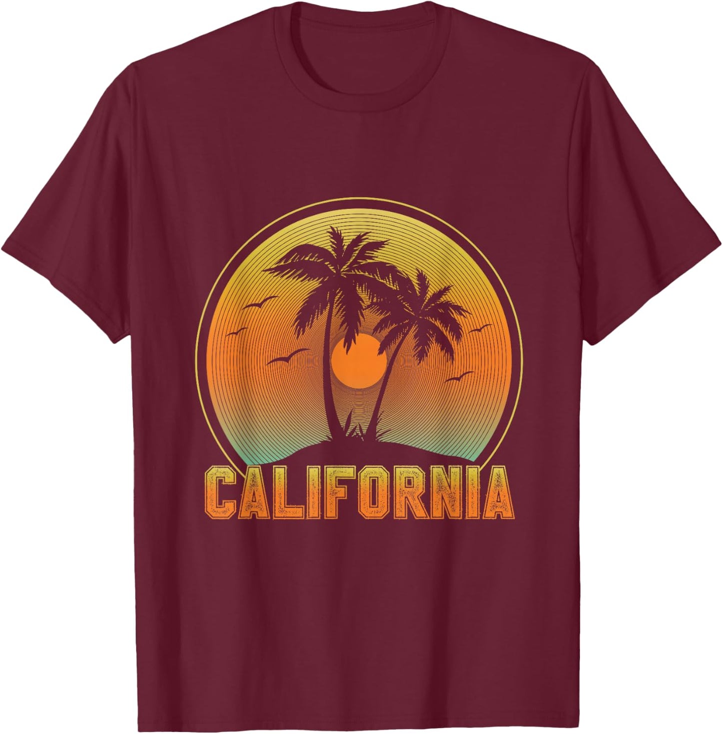 California Retro Vintage Beach Surf Summer Palm Trees T-Shirt - T-Shirt | Maroon